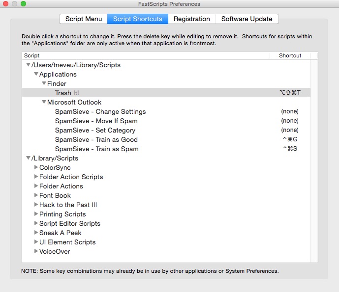 assigning a shortcut key to Trash It using FastScripts preference window